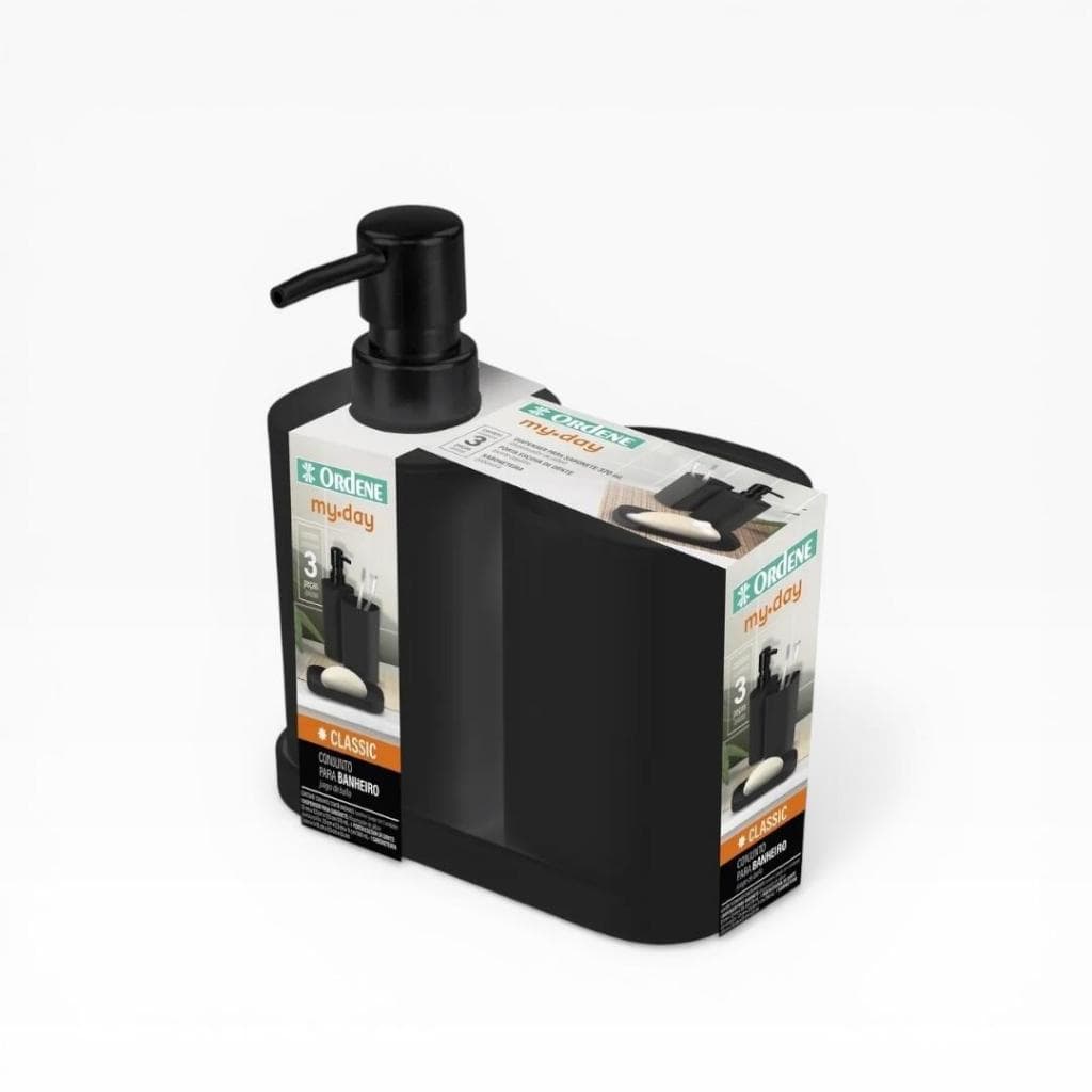 Conjunto para Banheiro 3 peças: Dispenser para sabonete, Porta Escova e Saboneteira  na cor preto