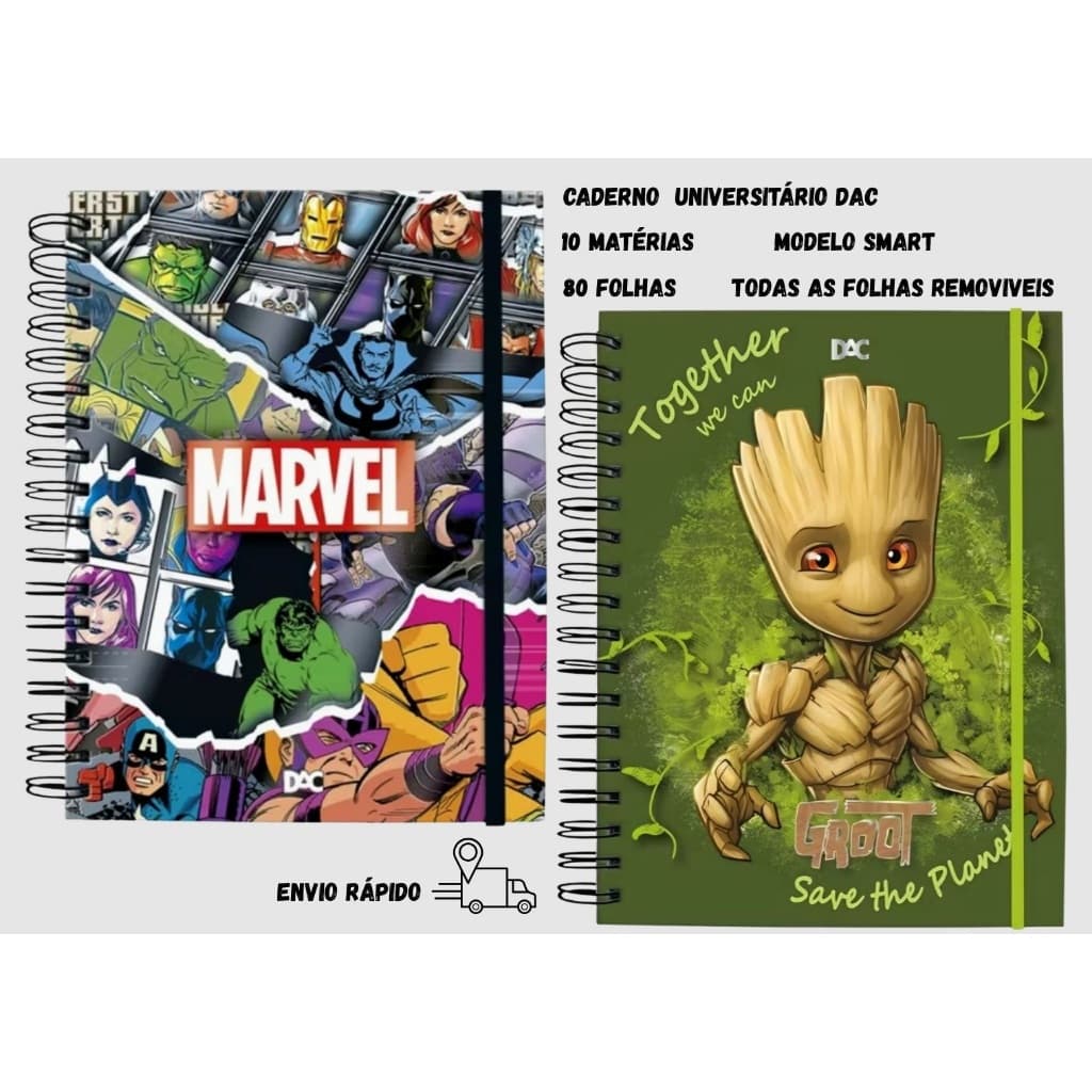 Caderno Unoversitário10 Materias Smart Marvel Guardião da Galaxia Groot  Personagens Original