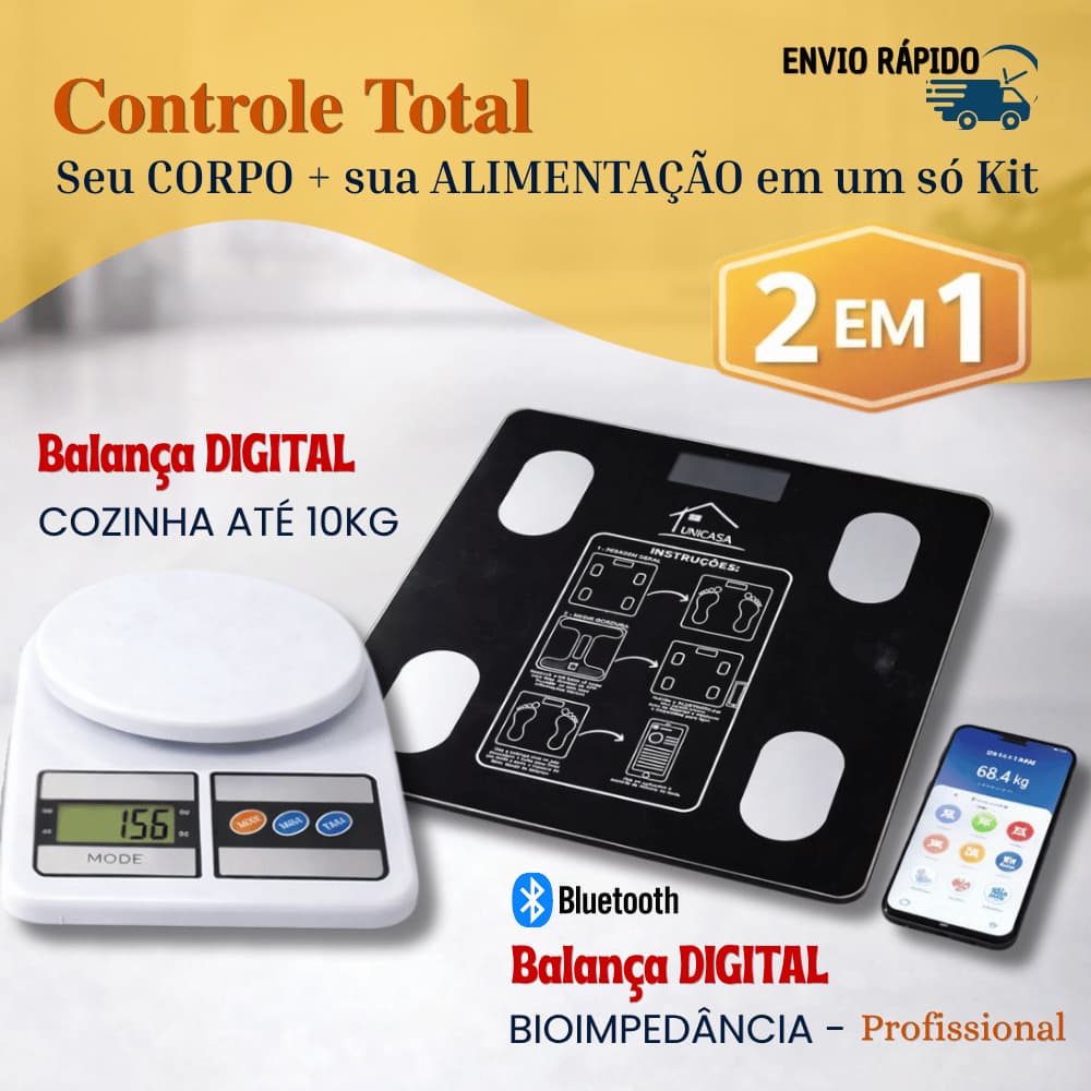 Kit Balança Digital Medidora Corporal Bioimpedancia Bluetooth App + Balança Cozinha Dieta Achadinho