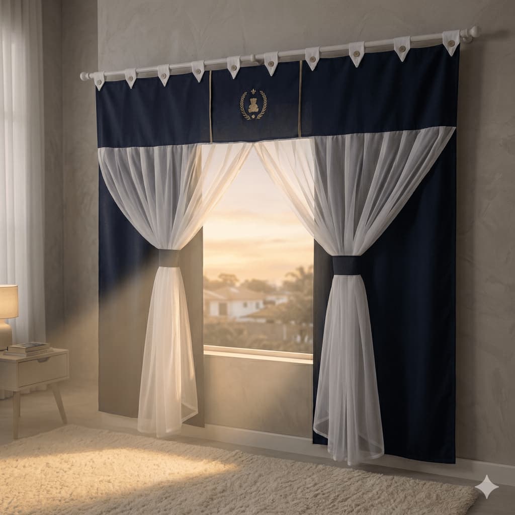 Cortina Com Voil de Varão Bordado Ursinho Para Quarto De Bebê Menina e Menino Varias Cores