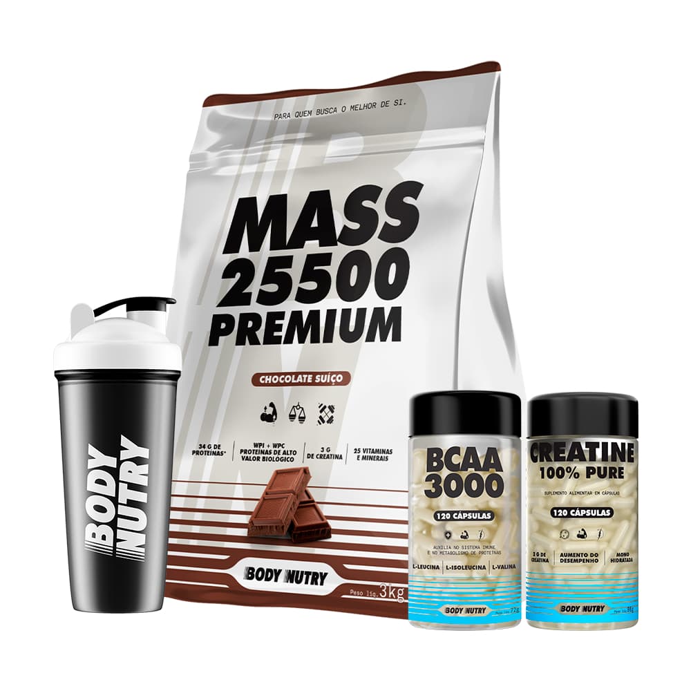 Suplemento Hipercalórico - Mass 25500 3kg + BCAA 3000 + Creatina 100% Pura 120c + Coqueteleira