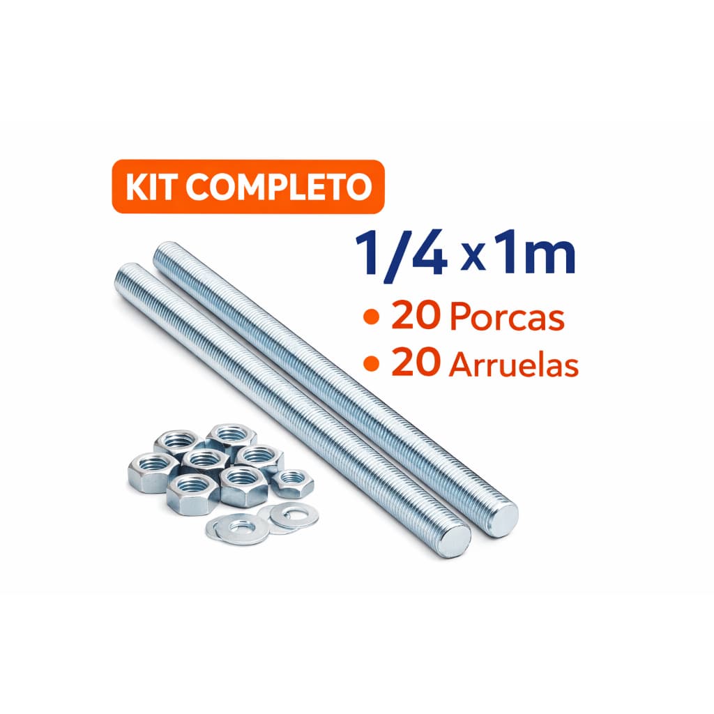 Kit 2 Barras Roscadas 1/4 x 1m + 20 Porcas + 20 Arruelas – Completo p/ Fixação