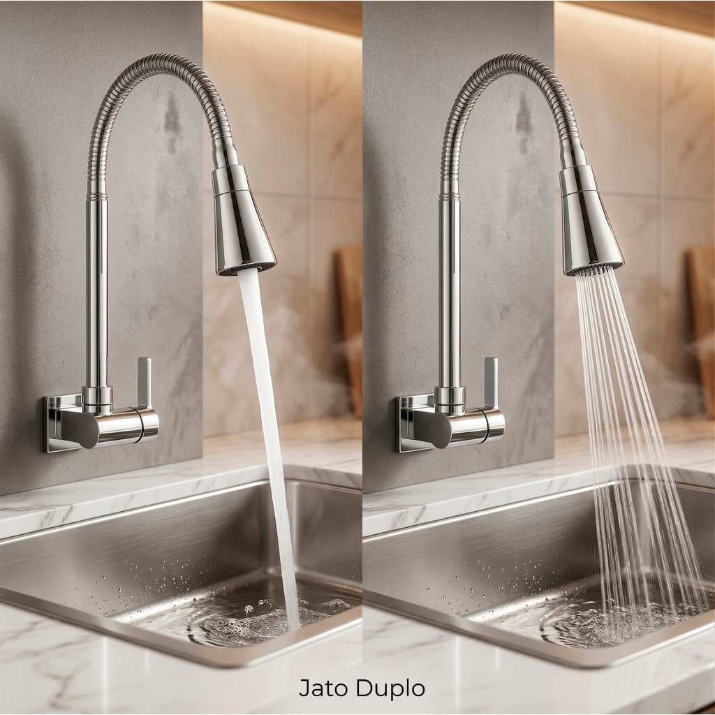 Torneira Gourmet Flexível Jato Duplo Cozinha Luxo Cromada Aço Inox Parede