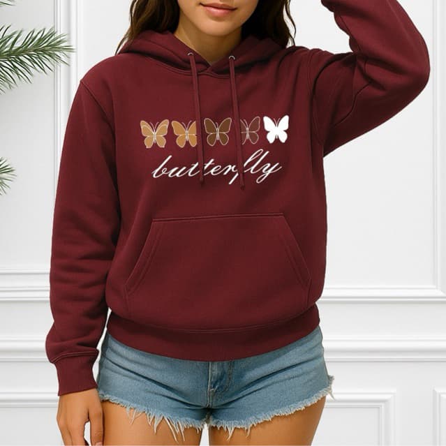 Moletom Feminino Blusa de frio Borboleta Inverno Abrigo Canguru com Capuz e Bolso