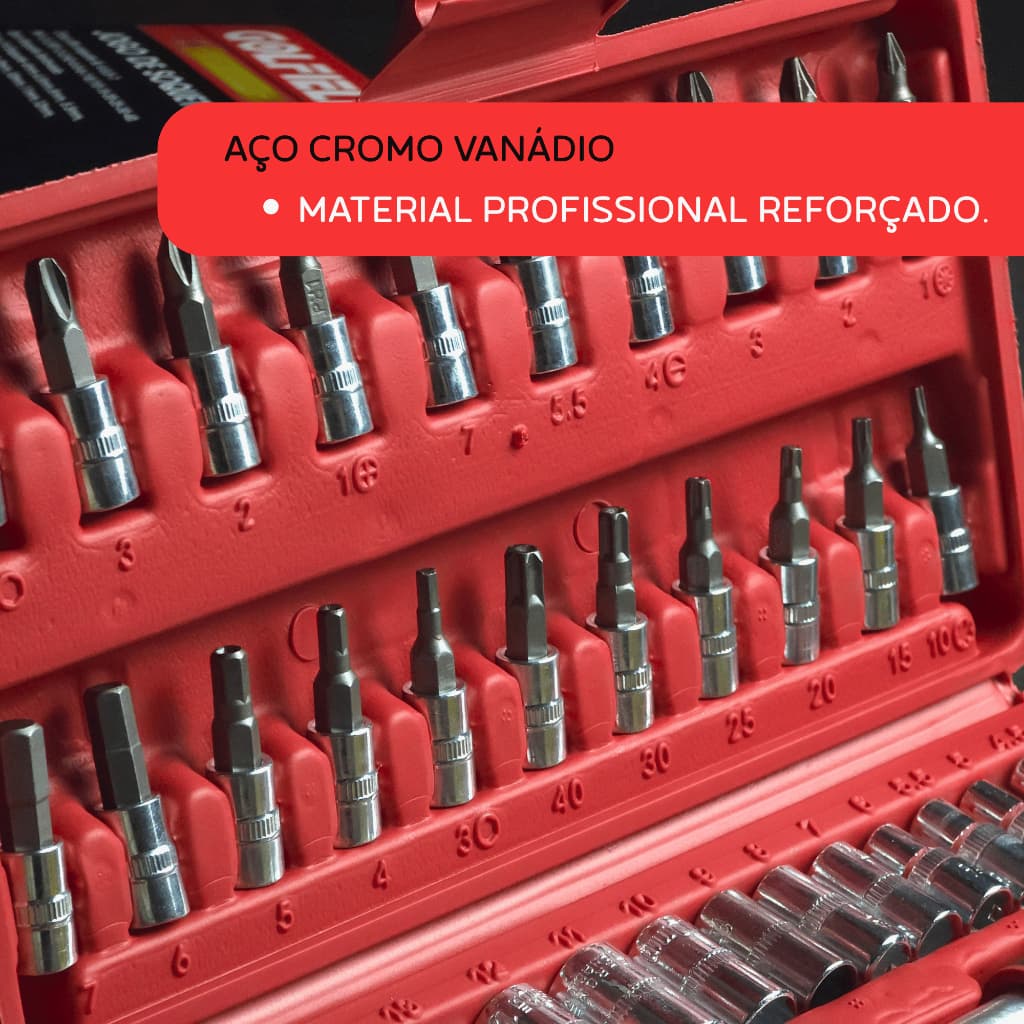 Kit Ferramentas 46 Peças Soquetes Universal e Chave de Fenda Catraca Reversível c/ Maleta - GOLFIELD