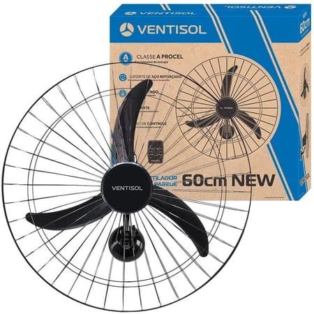 Ventilador de Parede Oscilante Ventisol New 60cm 220V 3 Pás Premium com Regulagem Preto