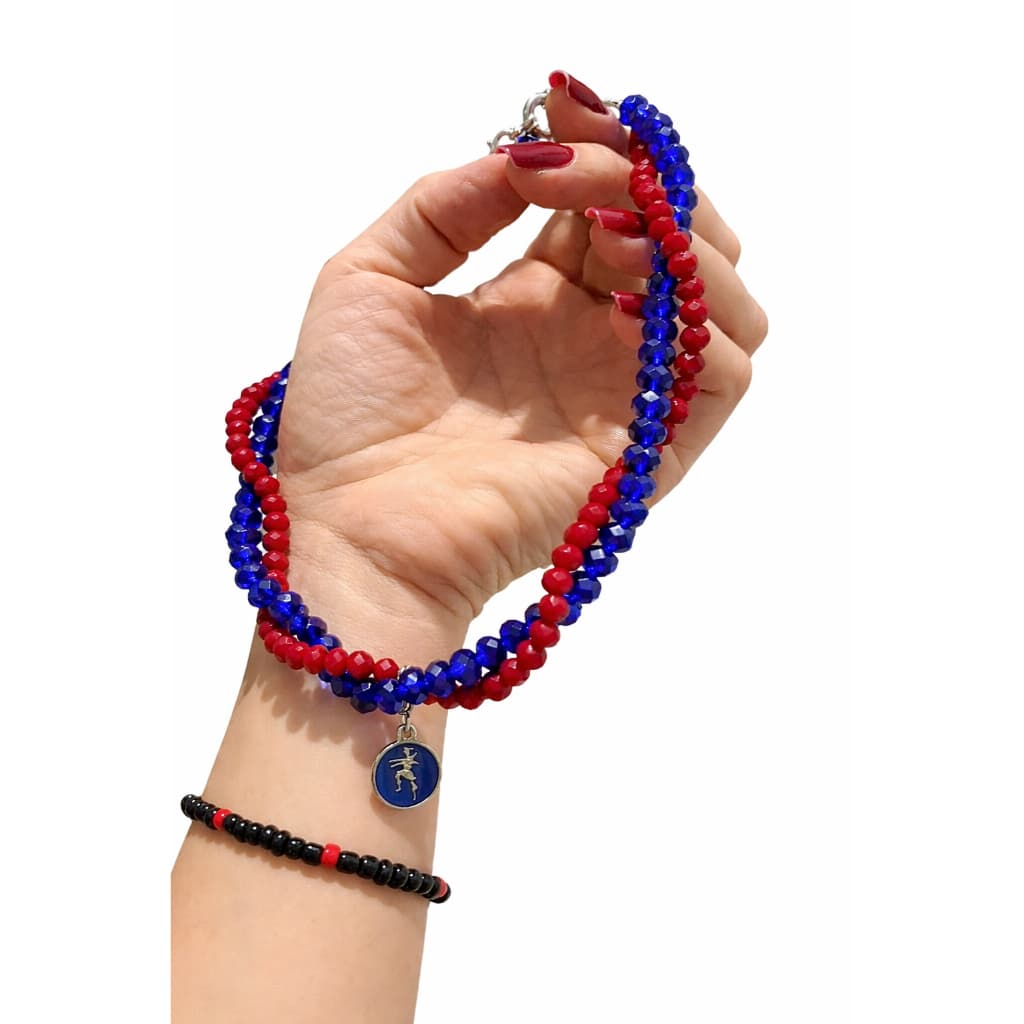 Gargantilha Cristal Natural 8mm e 6mm Vidro Ogum contas Vermelho e Azul 40cm + Extensor