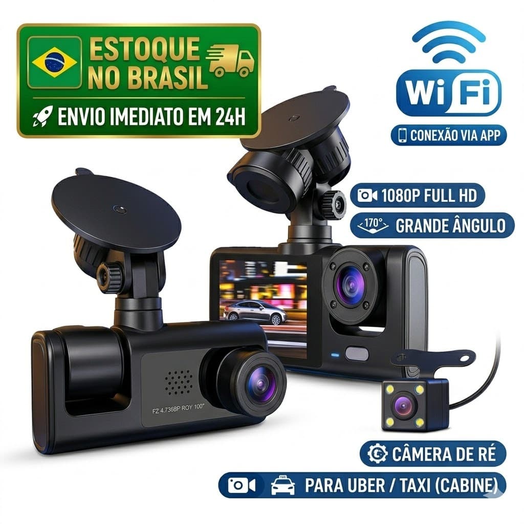 Câmera Veicular 3 Lentes Dash Cam Full HD 1080P WiFi c/ App Visão Noturna Automotiva Uber Taxi 3 Câmeras Ré Gravador
