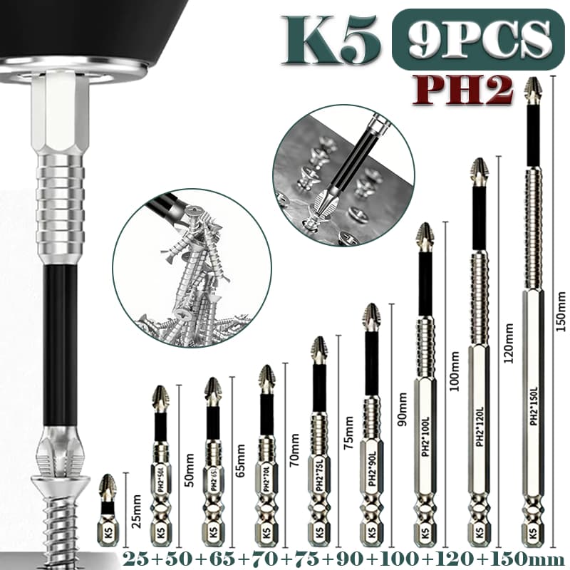 Kit 9 Bits PH2 para Parafusadeira 1/4 em Aço K5 Antiderrapante（25/50/65/70/75/90/100/120/150mm）