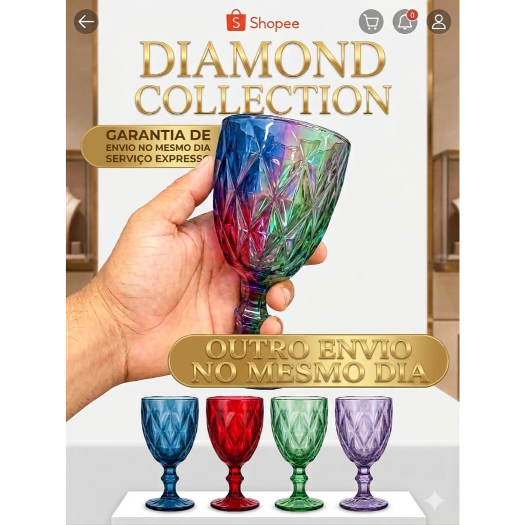 Kit Taça 2 Unds  Diamond Reforçada Vidro Taças com Diamante Bico de Jaca 340ml 260ml