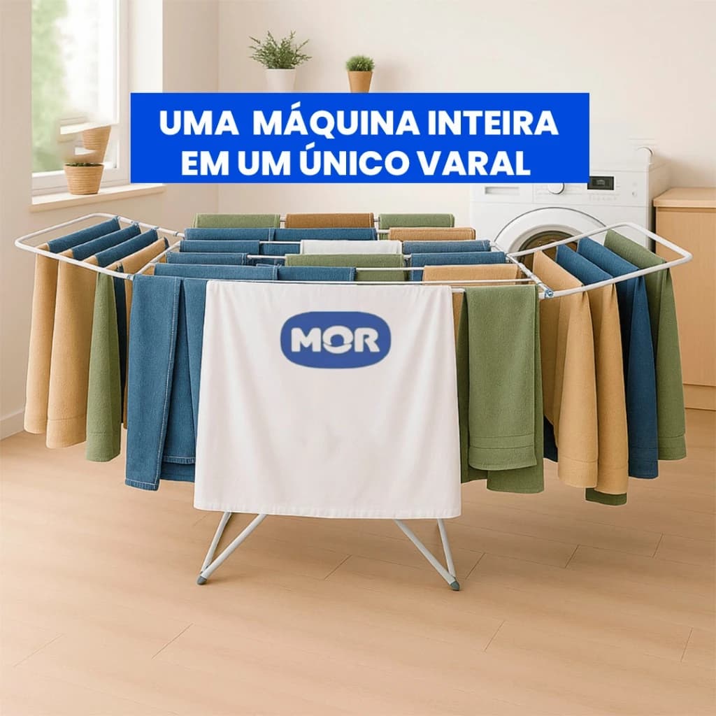 Varal de Chão Branco BIG com Extensor 25kg  – MOR – Dobrável, Prático, Retrátil.