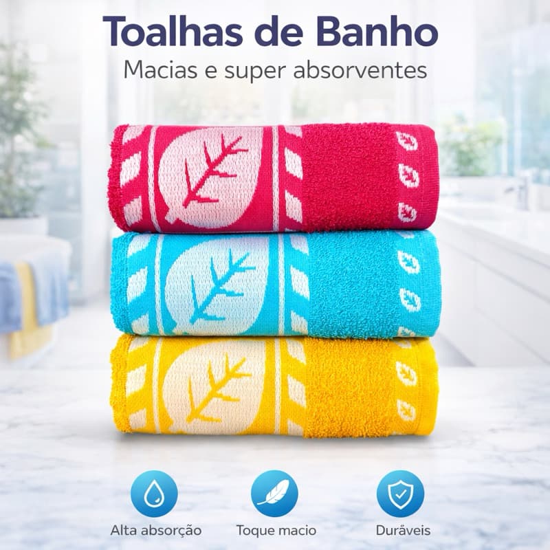 Jogo Toalhas de Banho Algodão Jacquard 3 Peças Premuim Grandes Felpudas e Macias Alta Absorção