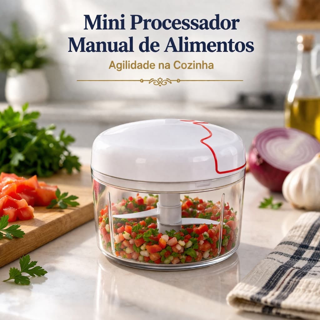 Mini Processador Manual de Alimentos com Corda 2 Lâminas | Triturador, Moedor de Alho Cebola 170ml