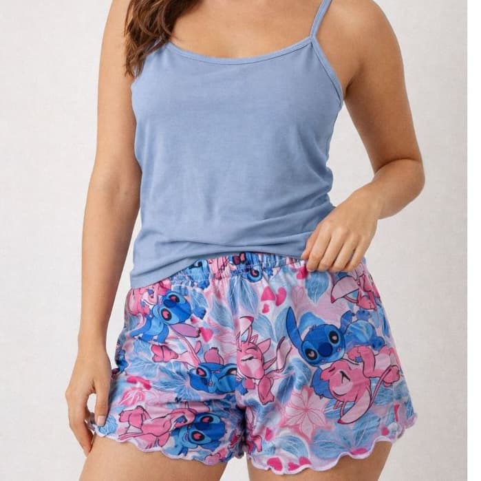 PIJAMA ADULTO STITCH, PIJAMA DE SUEDE, PIJAMA ROSA E AZUL, PIJAMA DELICADO, PIJAMA FRESQUINHO