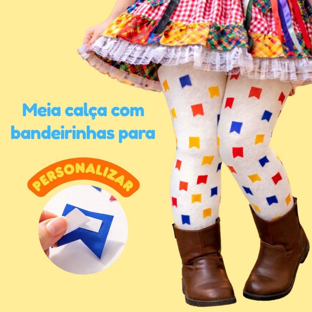Meia calça festa junina aplique de bandeirinha bebe infantil juvenil  1 ao 14