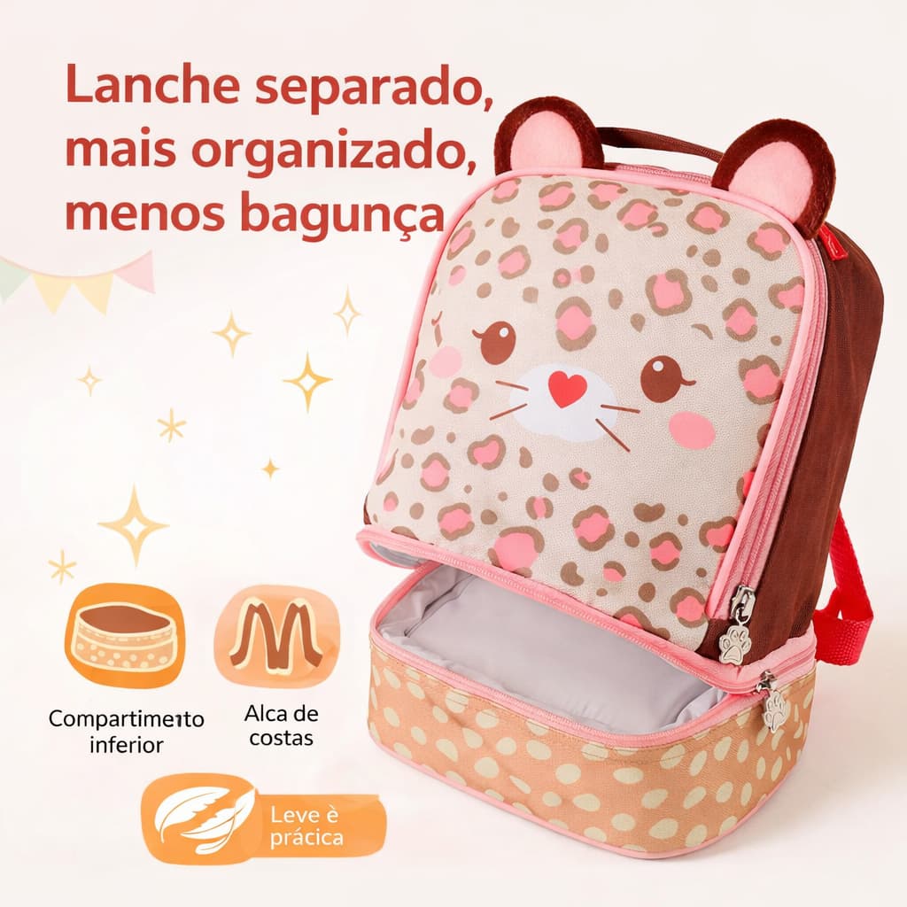 Lancheira Térmica Infantil Onça Escolar de Costas com Compartimento Inferior Alça Mochila Passeio Menina