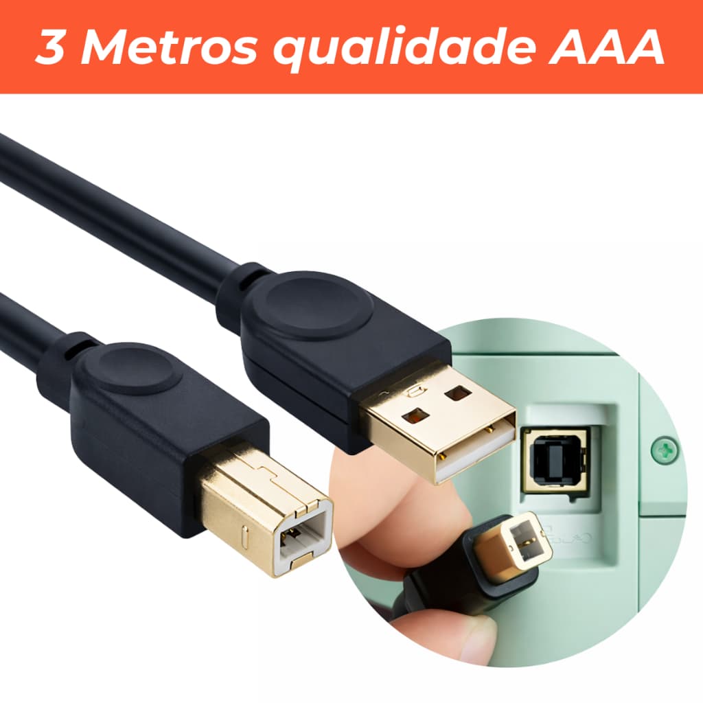 Cabo USB Tipo B com 3 metros para Impressora Scanner Multifuncional Bateria Eletrônica Teclado Piano
