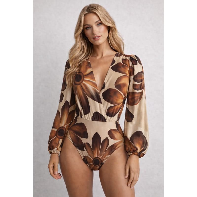 Body Feminino Manga Longa Bufante Decote V Estampa Floral Elegante Cintura Franzida Sem Bojo Moda Feminina Tendência