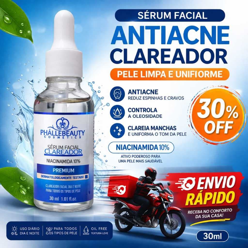 Sérum PhalleBeauty Niacinamida 10% Clareador Facial Redutor de Poros Controle Oleosidade Anti Manchas Skincare 30ml