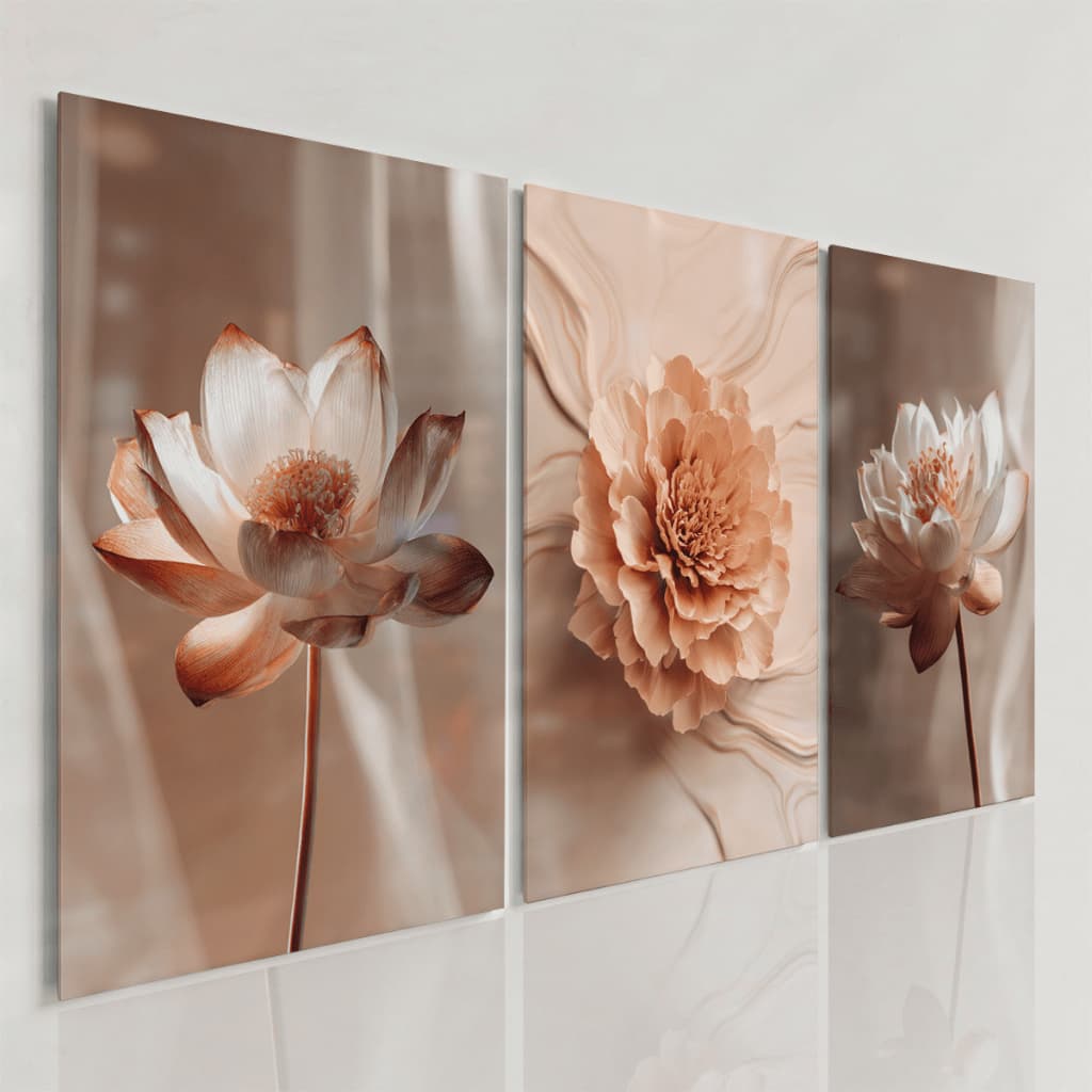 Quadros Decorativos Flores Bege Tons Neutros Elegância Floral Sofisticado Kit 3 Peças