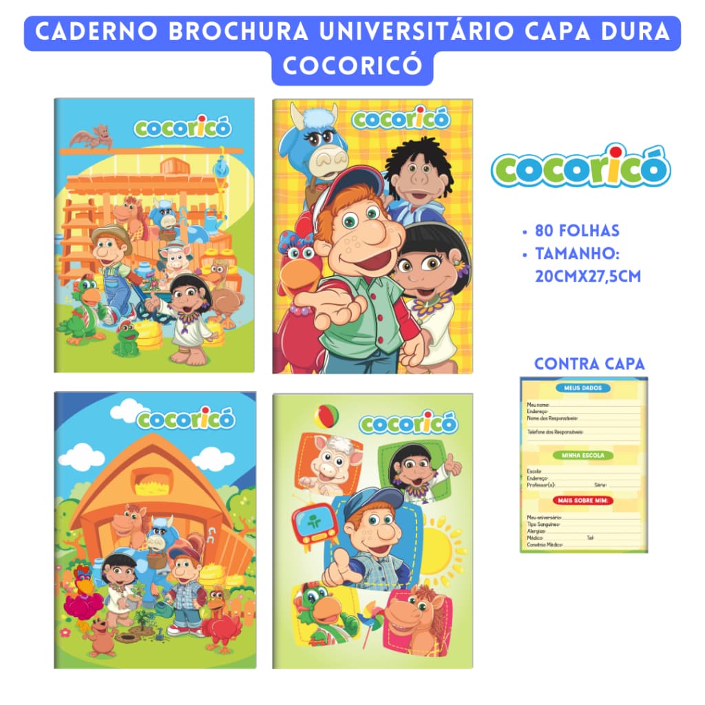 Caderno Brochura Universitário Capa Dura 80 Folhas - Cocoricó - 3B Cadernos
