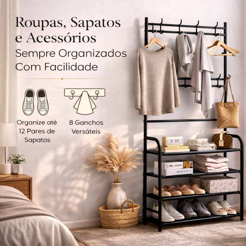 Arara Cabideiro Organizador de Roupas com Sapateira 4 Andares 8 Ganchos