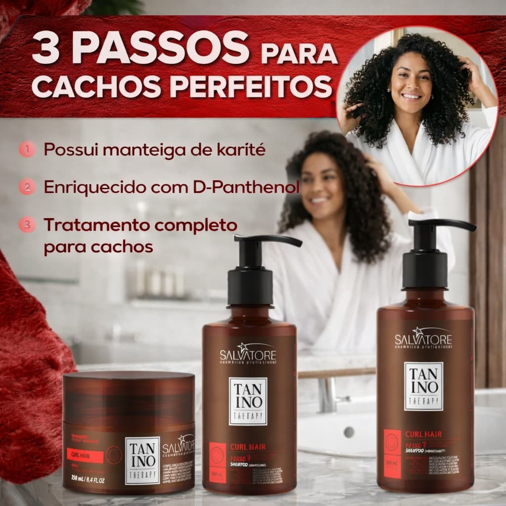 Kit Cachos Salvatore Curly Hair 3 Passos Hidratação Definição Anti Frizz Brilho Intenso Tratamento