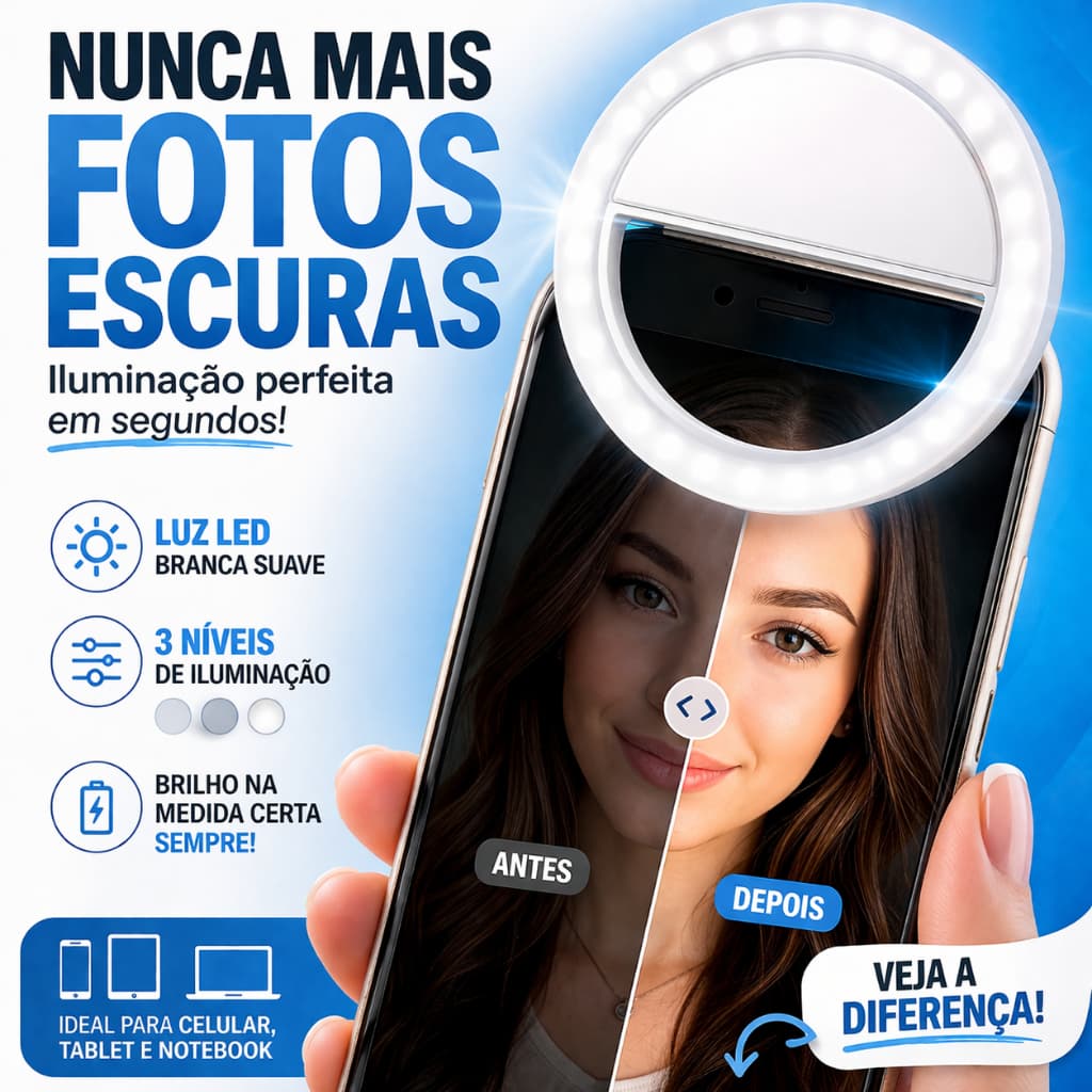 Ring Light Clip Celular LED Recarregável 3 Níveis Luz Selfie Universal para Vídeos e Fotos