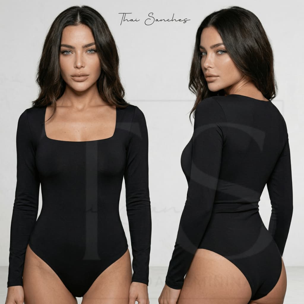 Body Feminino Manga Longa Decote Quadrado Segunda Pele Forro Duplo Premium Moda Outono