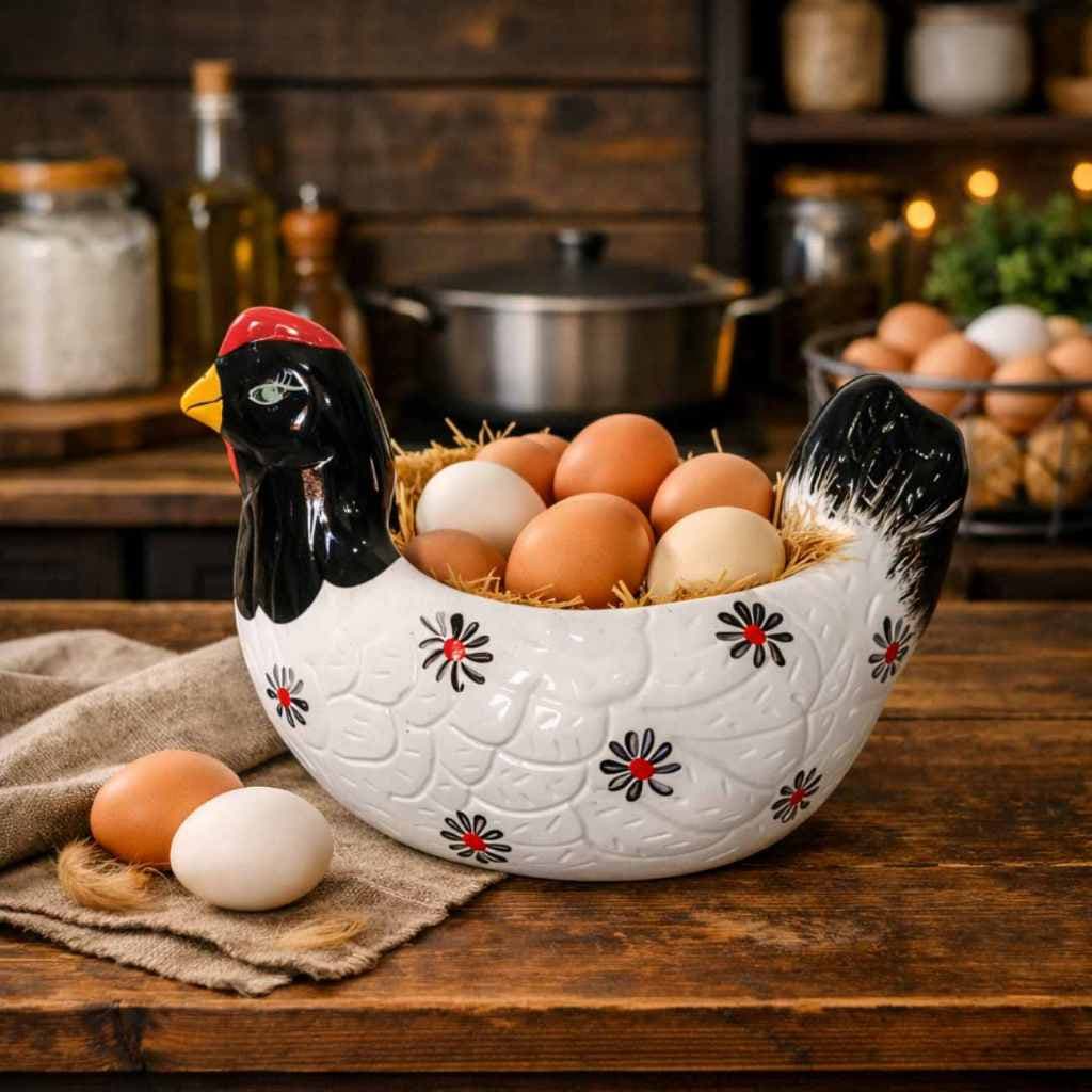 Enfeite Galinha Cerâmica Porta Ovos Arranjo Floral