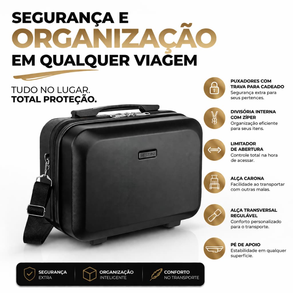 Frasqueira/Maleta de Maquiagem Sestini Grande para Viagem, Super Resistente com Garantia Vitalícia