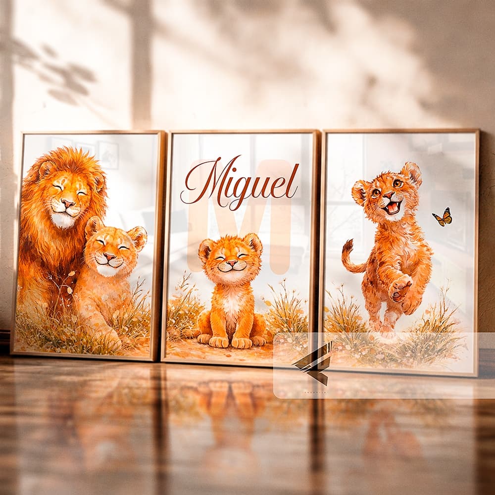 Quadros Leãozinho Família 3 peças com Nome Personalizado Decoração Safari Quarto menino