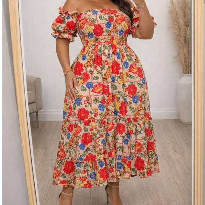 Vestido Longo Estampado Manga Ciganinha Lastex Feminino Soltinho Moda Casual Elegante Evangélica Festa Midi Casamento