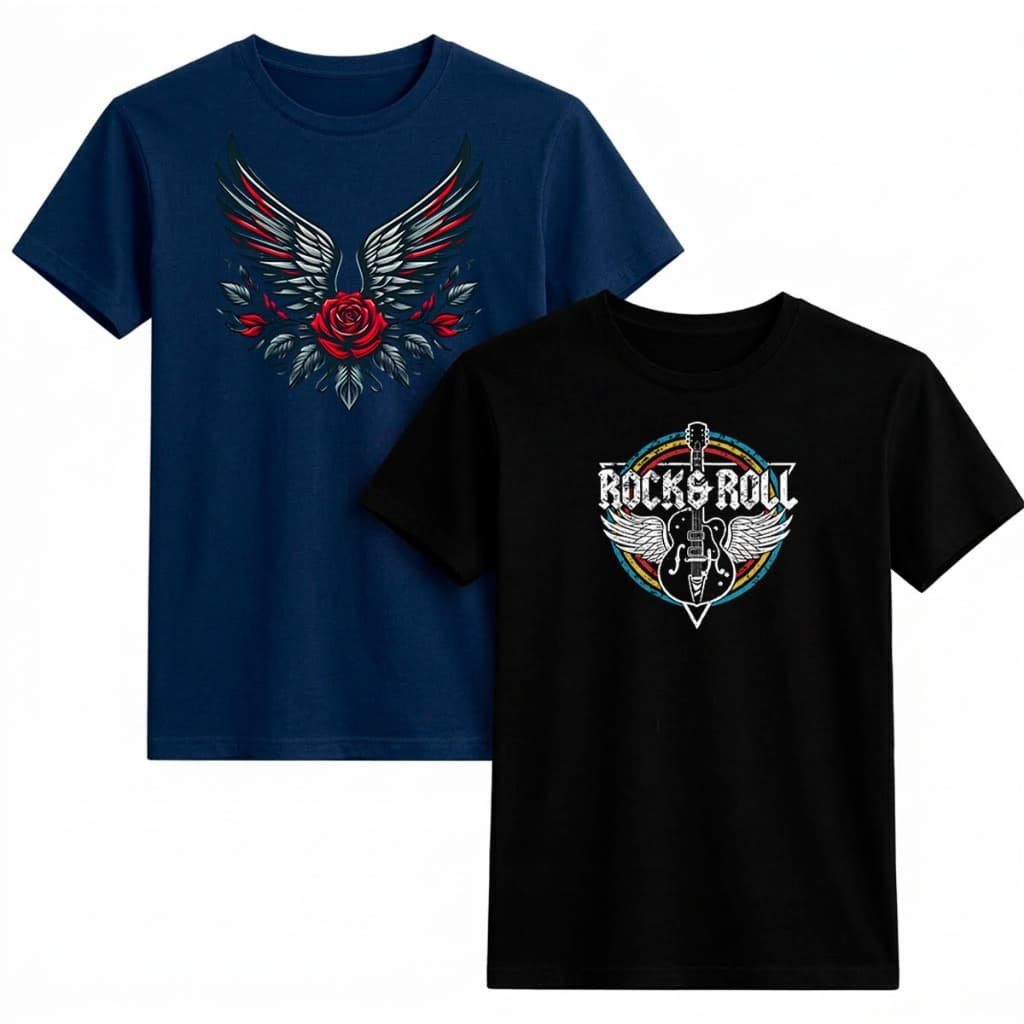 Kit 2 Camiseta Rock Masculina 100% Algodão Estampas Rock Roll Moda Vintage Asa Rosa Casual Dia a Dia