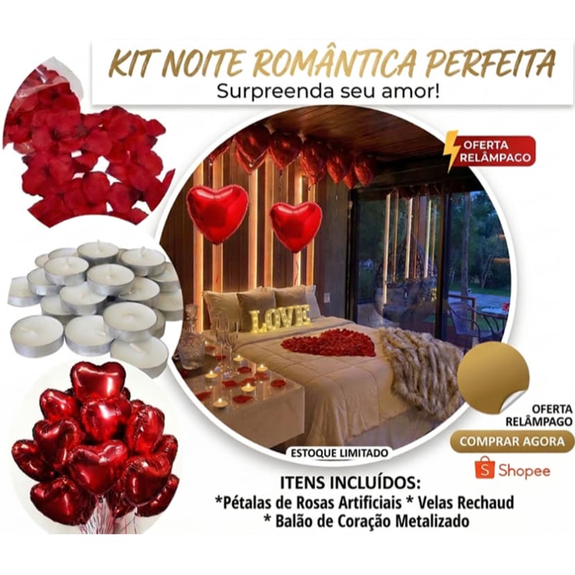 Kit Noite Romântica Completo 300 Pétalas + 4 Velas + 2 Balões Coração Metalizado Surpreenda seu Amor!