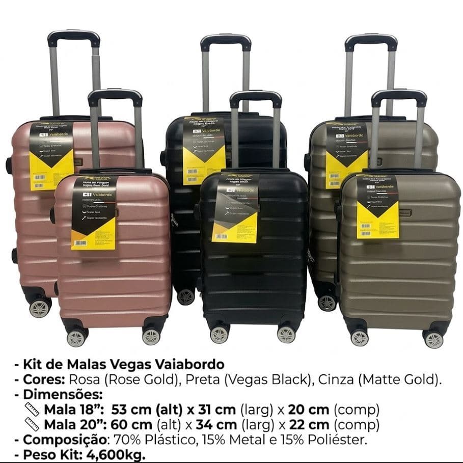 Kit Malas Viagem Rodas Giro 360 Leve Resistente Polegadas 18 20 Preto
