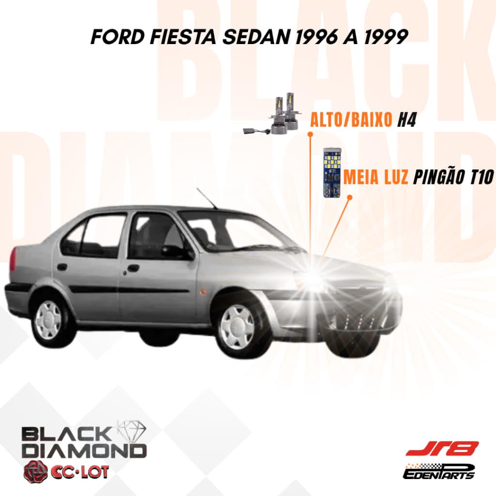 Kit Lampadas Farol LED Ford Fiesta Sedan 1996 a 1999 JR8 Black Diamond H4 6000K + Lâmpada Pingão T10 21 LED