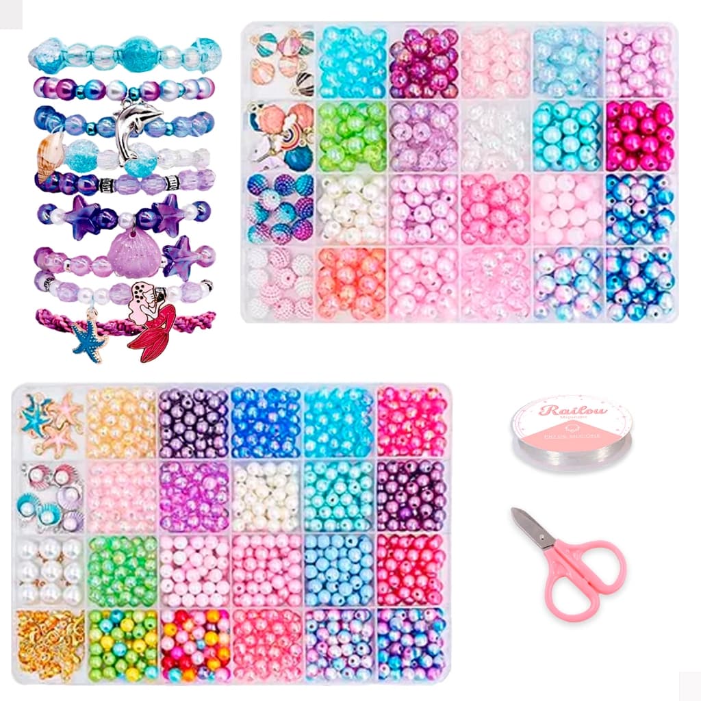 Kit Miçangas Para Fazer Pulseira Joias - 2 Caixas de Pérolas - Montar Bijuteria Coloridas + Silicone