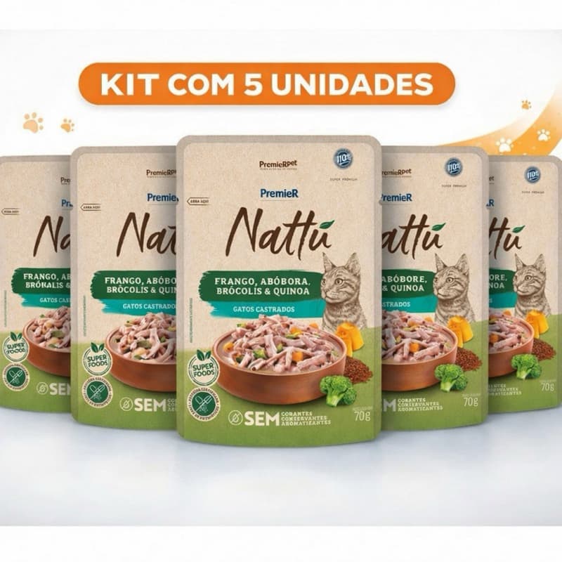 Kit 5 Sachês Gato PremieR Nattú 70g Ração Úmida Premium Frango Abóbora Brócolis Quinoa Gatos Castrados Natural