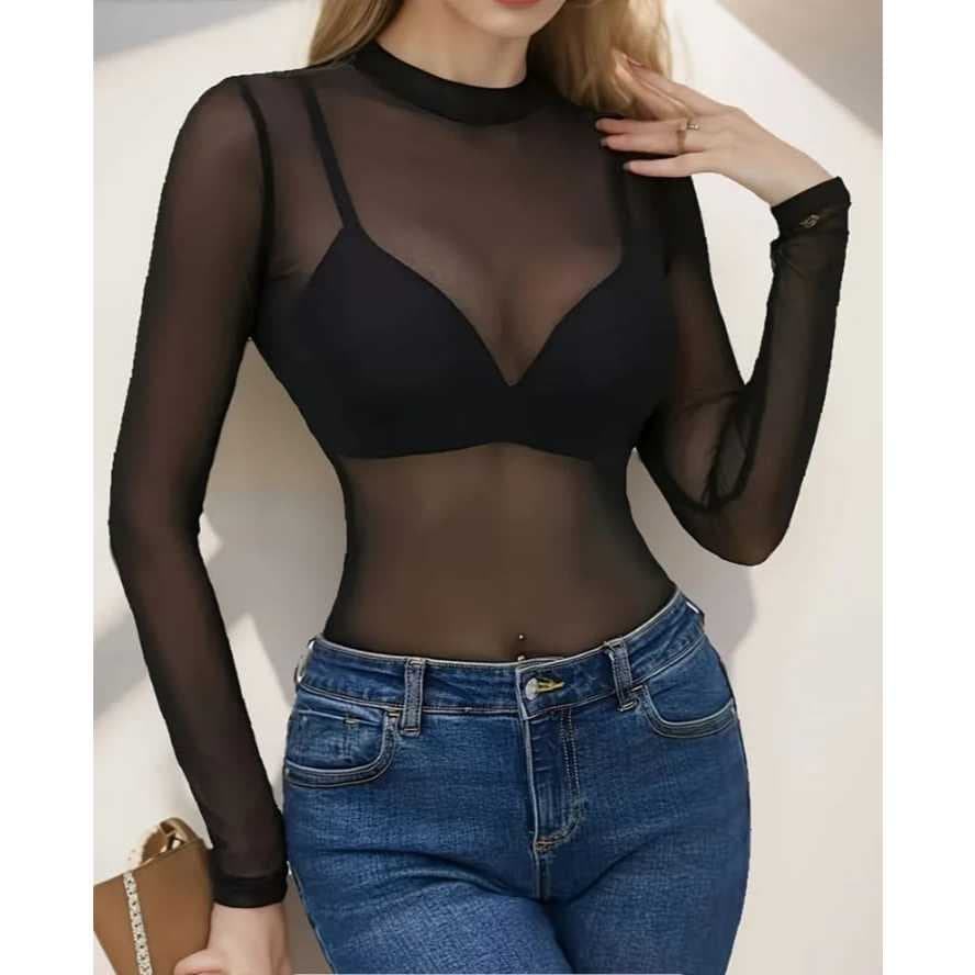 Body Tule Transparente Feminino Manga Longa  Moda Gringa Festa e Balada