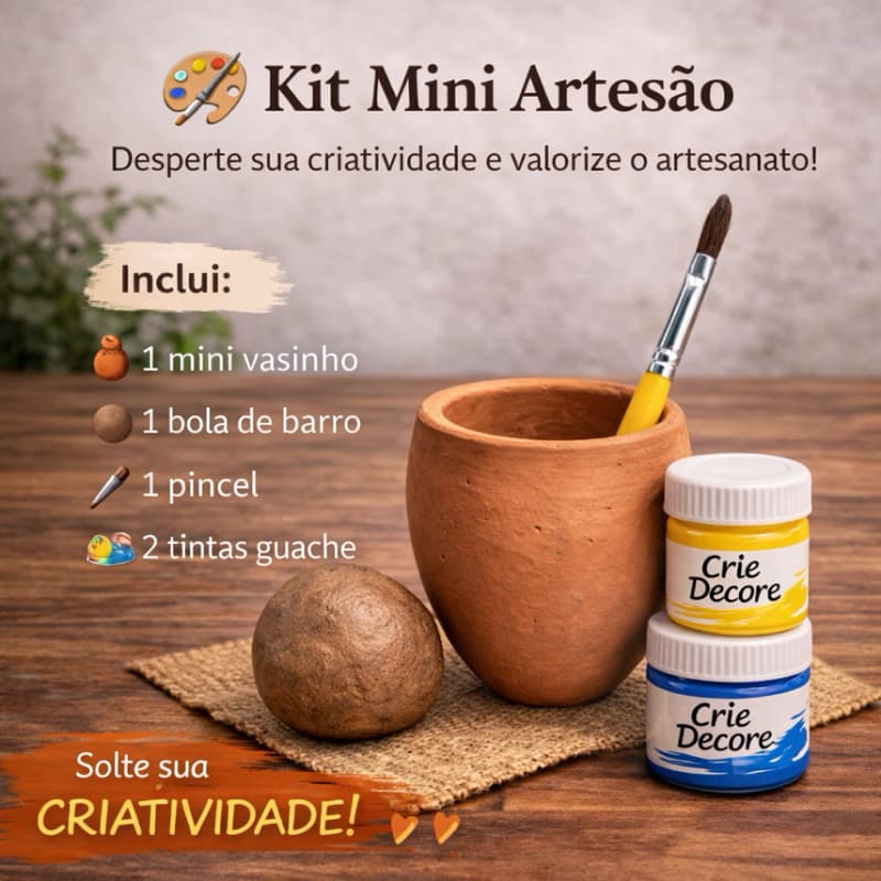 Kit Mini Artesão  Infantil | Vasinho de Barro + Tintas Crie Decore + Pincel + Argila | Arte Criativa para Crianças