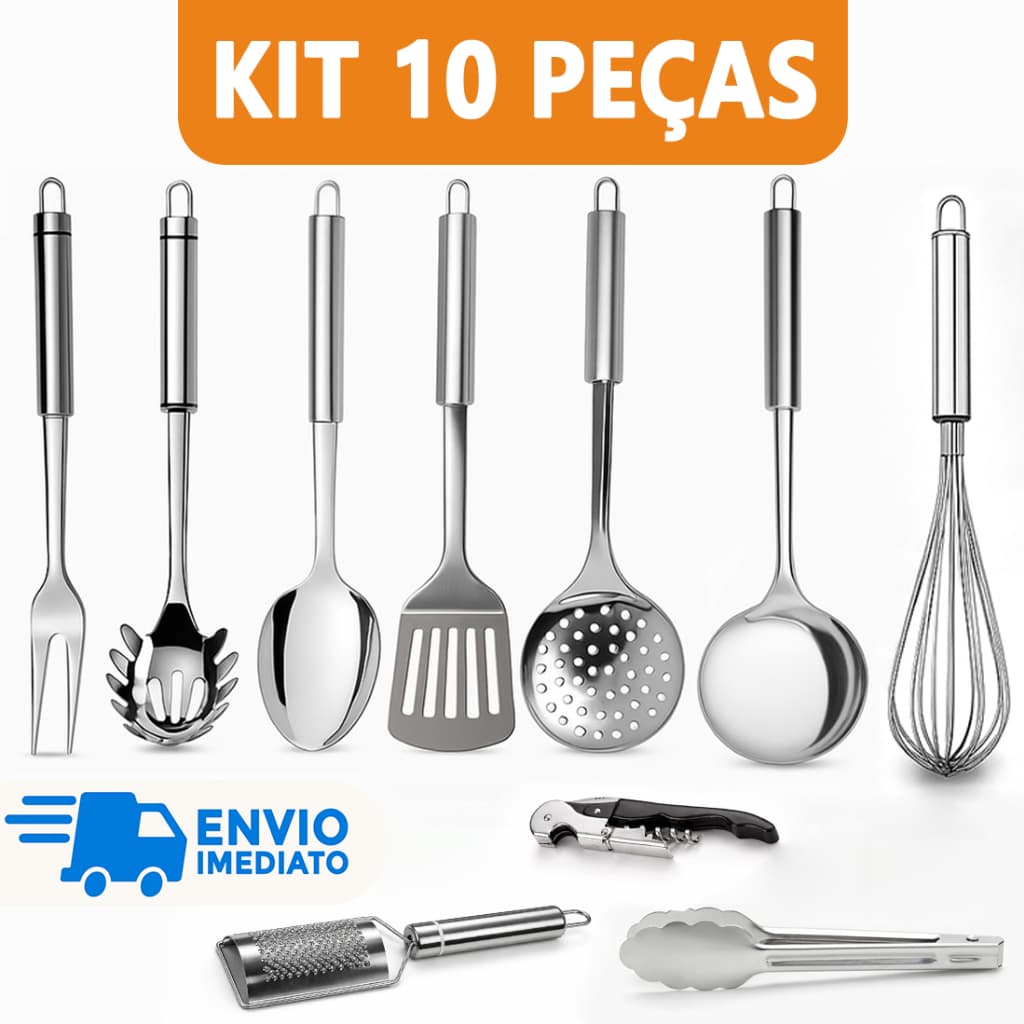 Kit 10 Utensílio para Cozinha Aço Inox Escumadeira Concha Colher Arroz Garfo Espátula Fue Pegador Ralador