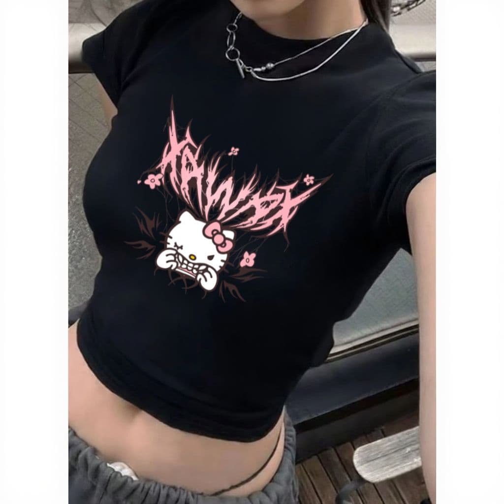 Blusa Slim Fit Baby tee Babylook suplex compressão colada feminina retrô tumblr rock hello y2k