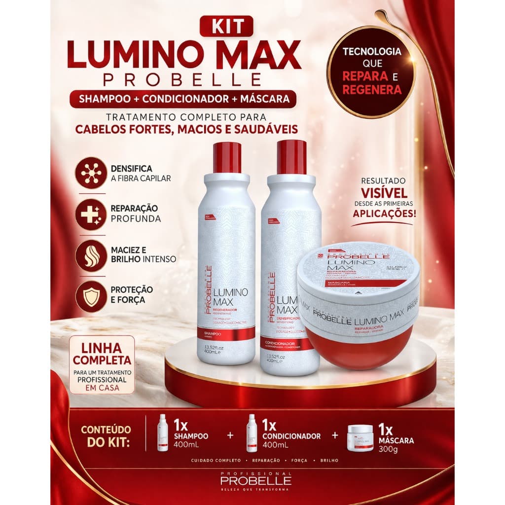 Kit Lumino Max Probelle Shampoo + Condicionador + Máscara | Hidratação Profunda e Brilho Intenso