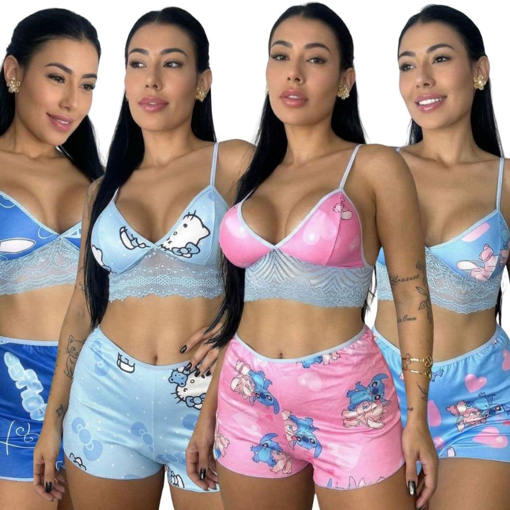 Kit 4 Pijamas Baby Doll Estampado Conjunto Feminino Short Cropped Confortável Verão Dormir