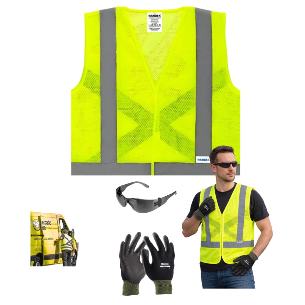 Kit EPI Colete Refletivo, Óculos de Segurança Luva Tátil para Motorista Entregador e Obras