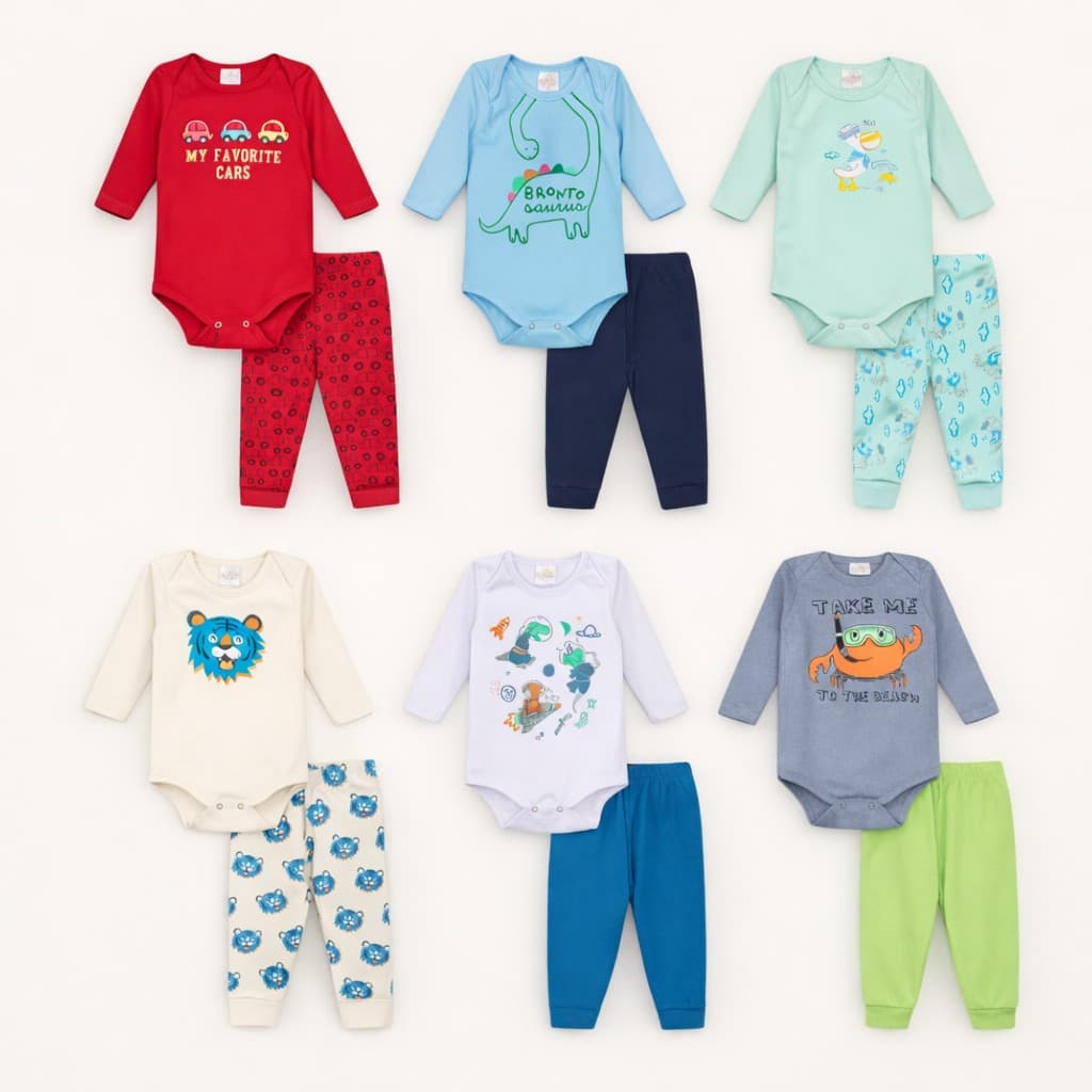 Kit 10 Peças Body Bebê Masculino com Calça RN ao GG Algodão Suedine Ribana Conjunto Infantil Menino