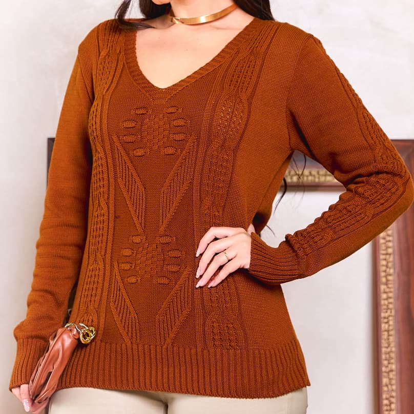 Blusa Feminina Tricot Gola V Manga Longa Texturizada Elegante Moda Inverno Frio Confortável