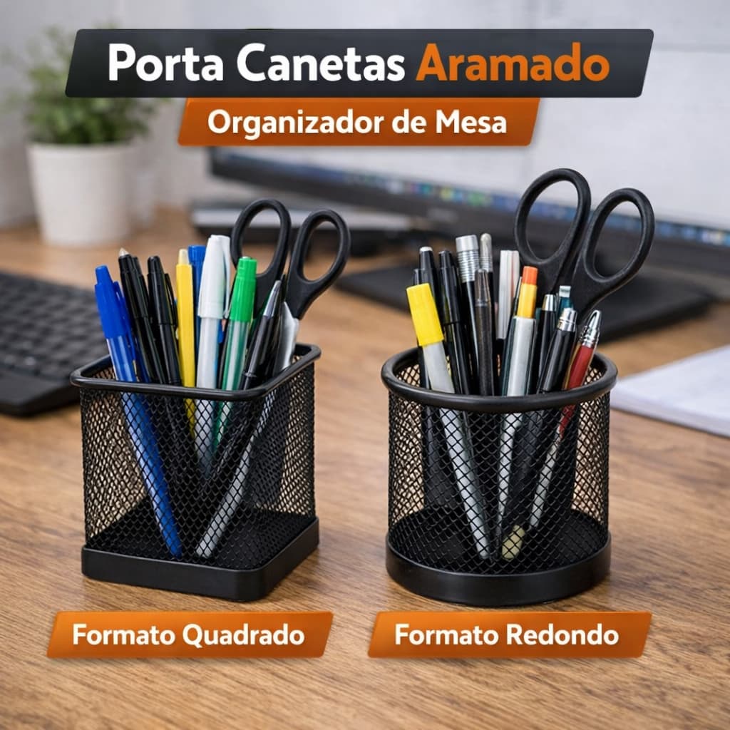 Porta Canetas Aramado Preto Organizador de Mesa Escritório Home Office Thika Redondo quadrado