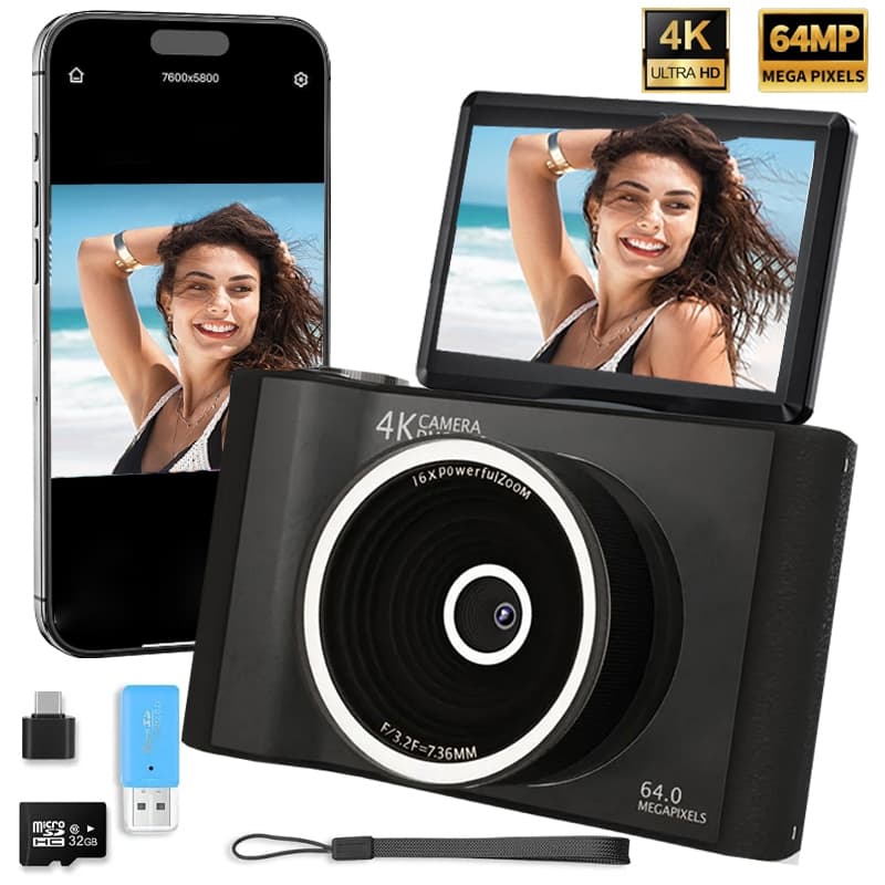 BML Câmera Digital 64 megapixels 4K Selfie Zoom 18X Com Tela Flip De 180 Vlog  Câmera Digital, Câmera para selfies